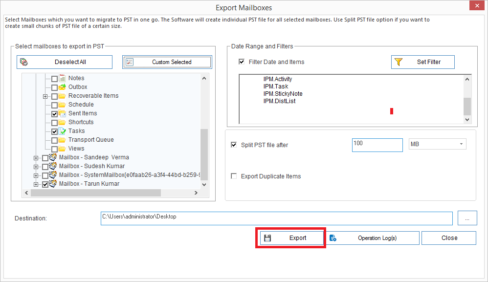 Enter the destination for saving the PST file