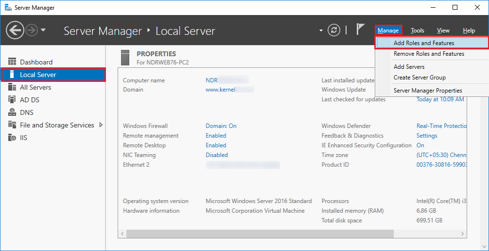 In the Exchange Server 2016 Open Server Manager
