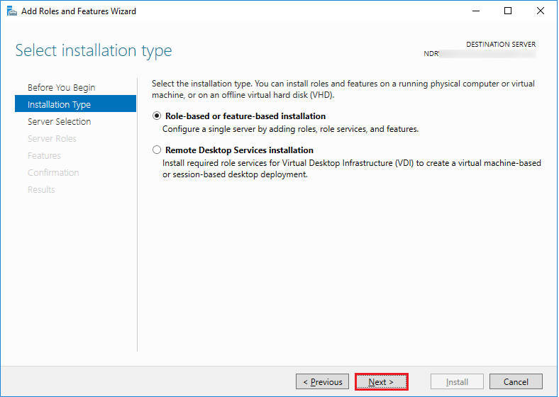 Select Role based or feature based installation