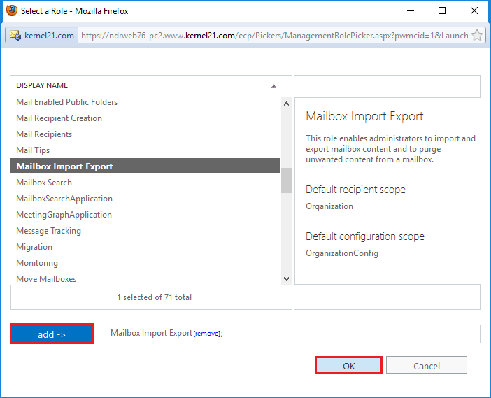 Select Mailbox Import Export role