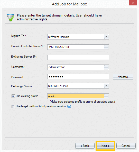 Enter the on-premise Exchange credentials