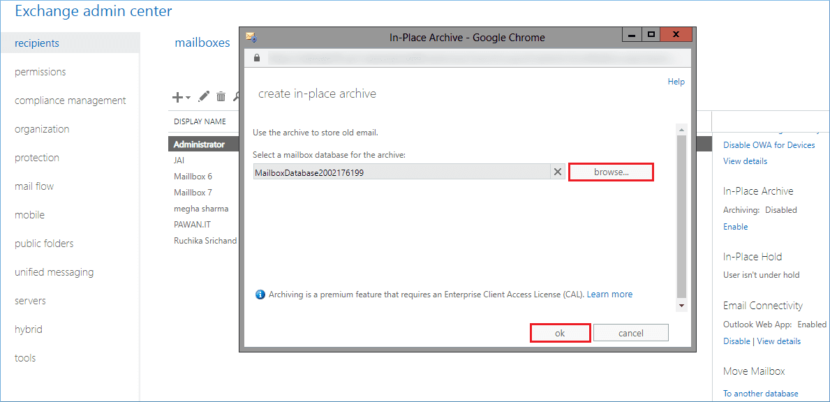 Browse the database for the archive mailbox