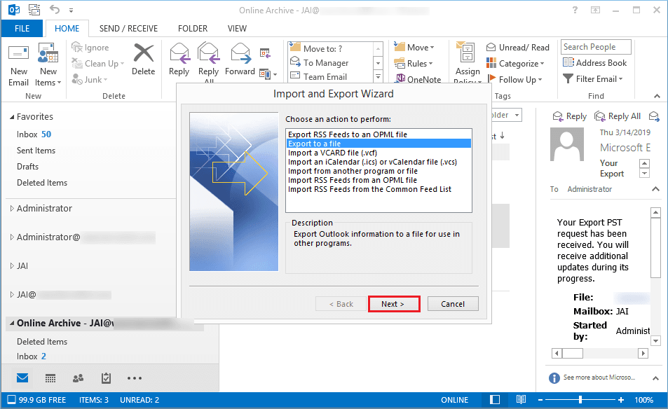 Select the second option Export