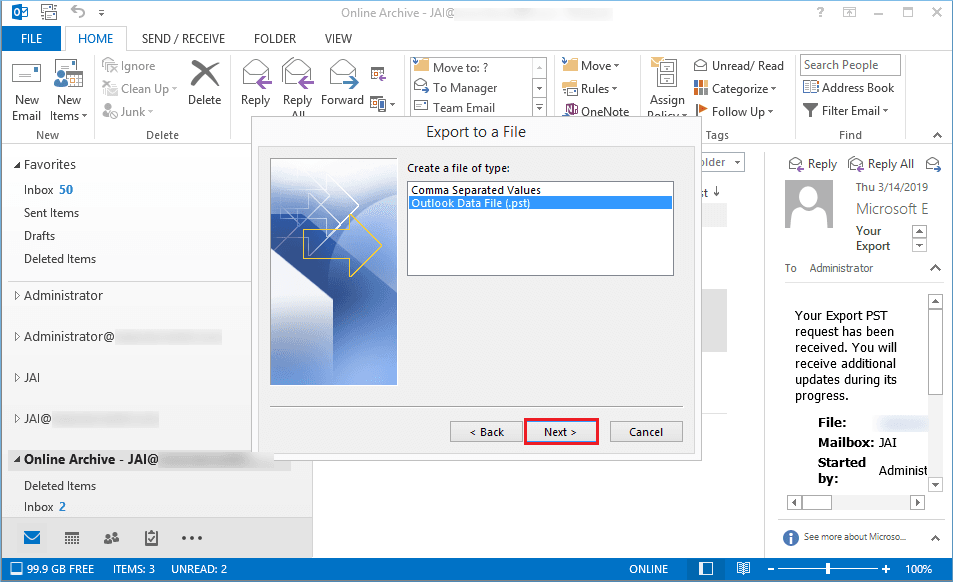 Select the second option of Outlook data file