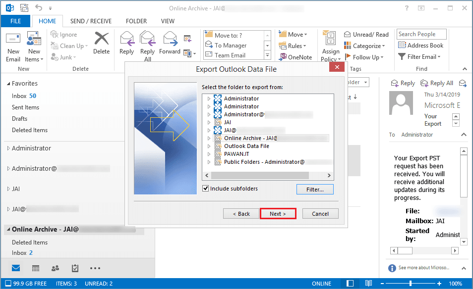 Select the archive mailbox and click Next