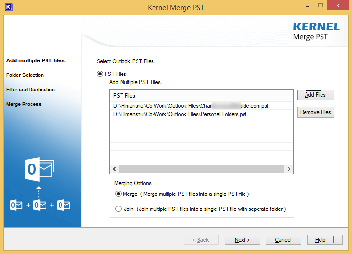 Select the PST file to merge