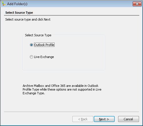 Select Outlook profile and click next