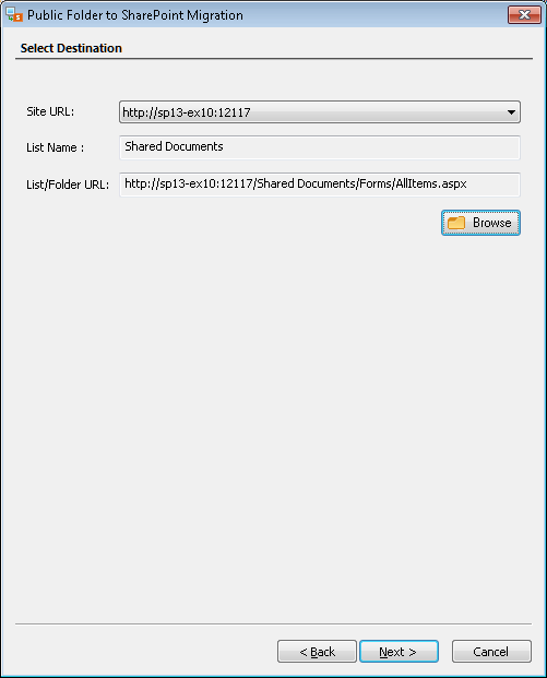 Select SharePoint site where you want to migrate