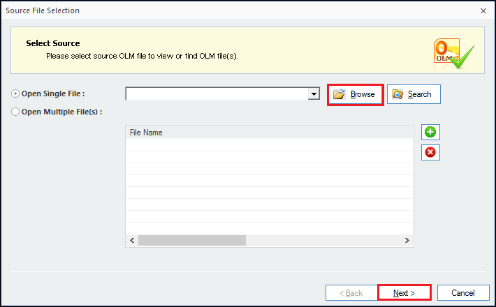 Select single or multiple OLM files