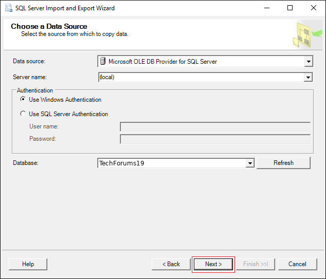 select Source database name