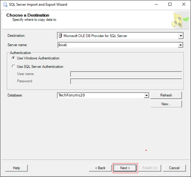 choose Destination database name