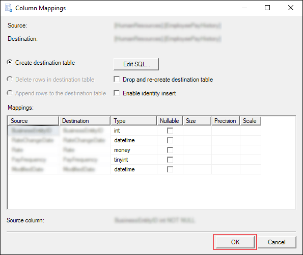 Create destination table