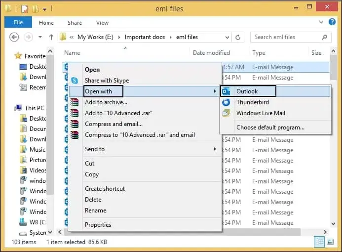 Select open with and click on outlook