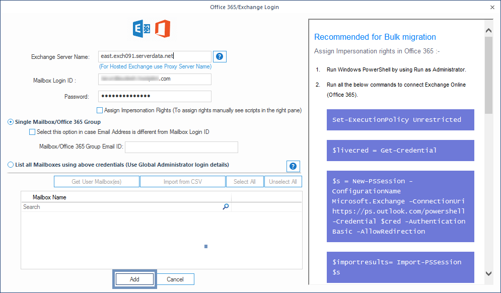 provide the required login credentials for the source hosted Exchange