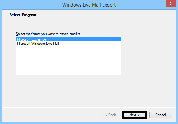 Choose MS Exchange as your export option