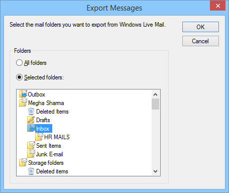 Select appropriate folders to export