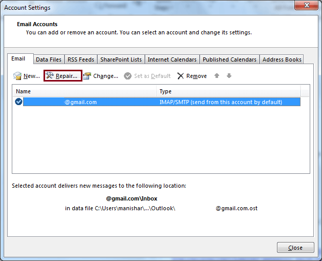 select the Outlook profile and click on Repair