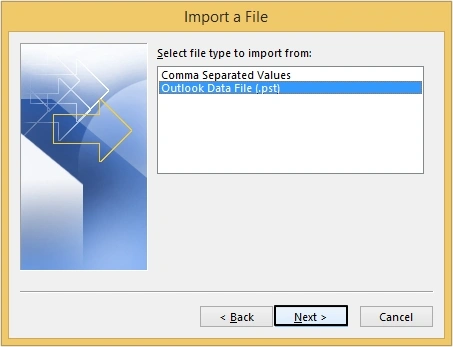 select outlook data file