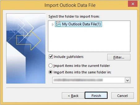 import items into same folder and email account