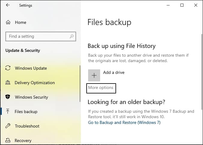 Under Back up using File History section