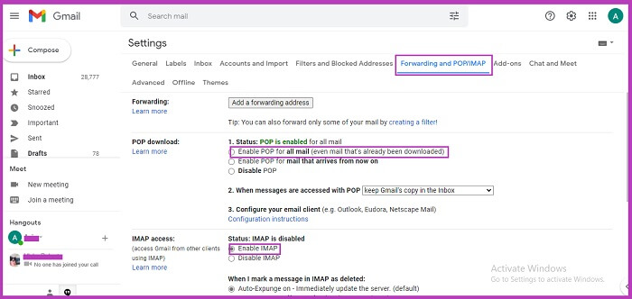 Select Forwarding POP or IMAP