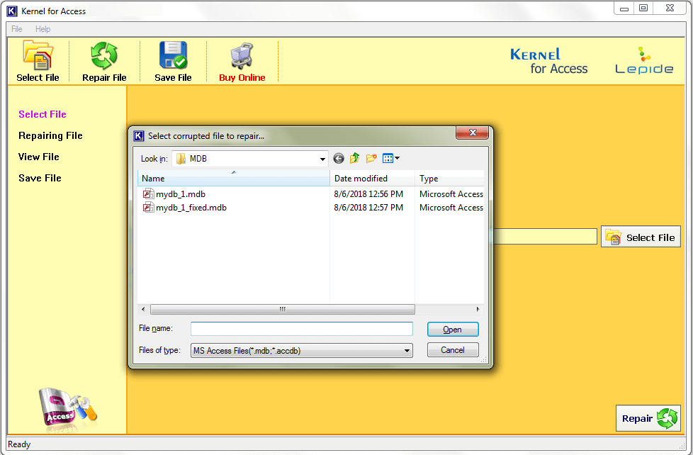 Select an MDB file and click on Open