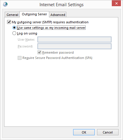 select Use same settings as my incoming mail server