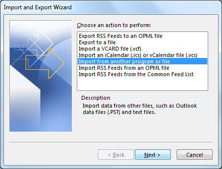 Import file from Import and Export Wizard 