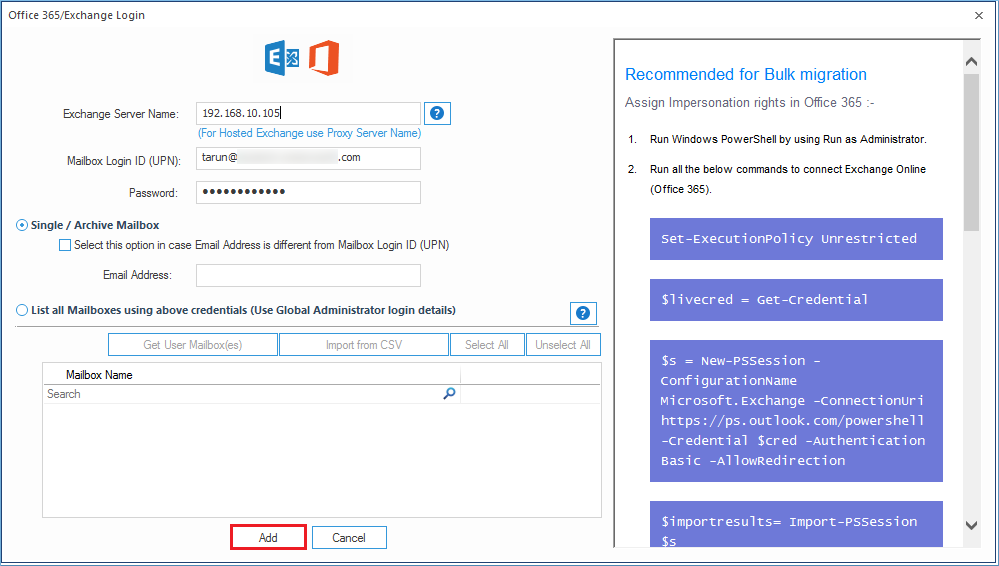 Input the Exchange Server name