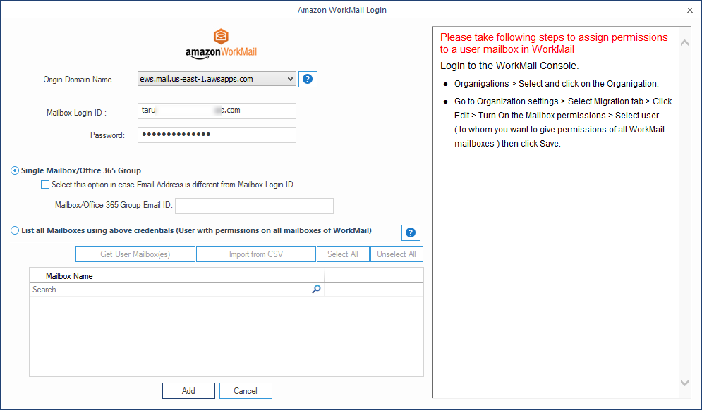 Enter the credentials for Amazon WorkMail