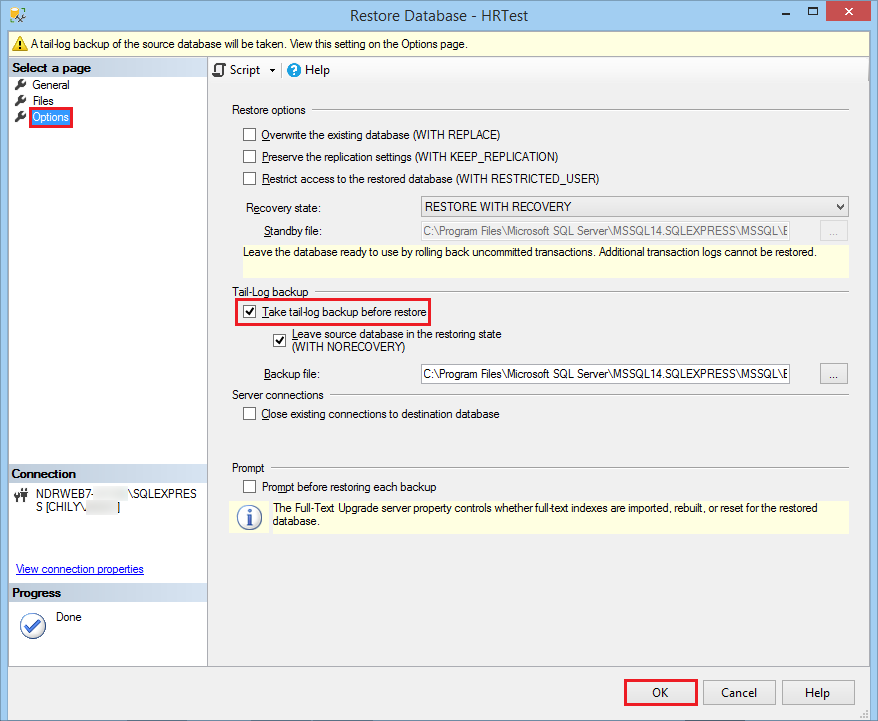 Take tail-log backup before restore