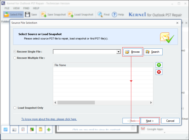 Browse to select Outlook PST file