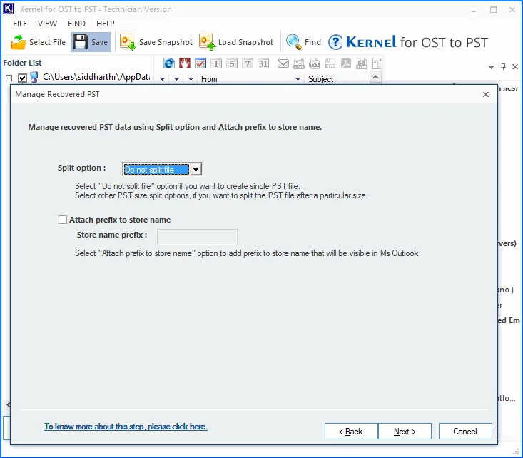 Manage PST file by deciding whether to split it or attach a prefix