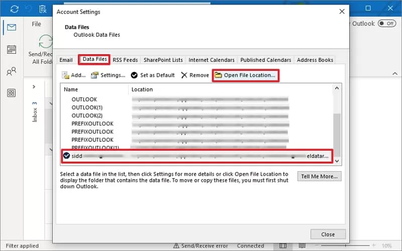 Go to Data Files tab select the account