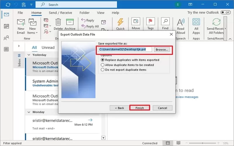 Click Browse and choose a location to save your PST file, and click Finish