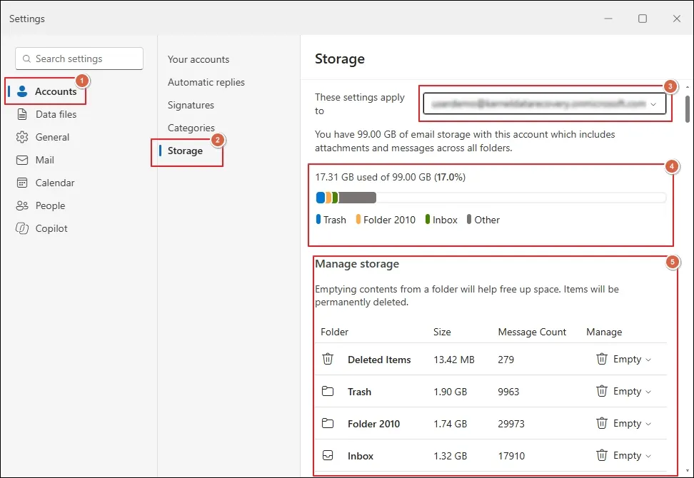 Check mailbox folder storage