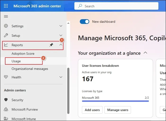 expand reports and go to usage