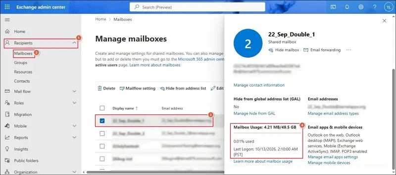 View the mailbox usage limit