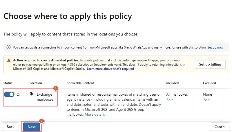 Turn On the toggle for Exchange mailboxes and click Next