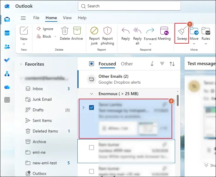 select email messages and click on sweep