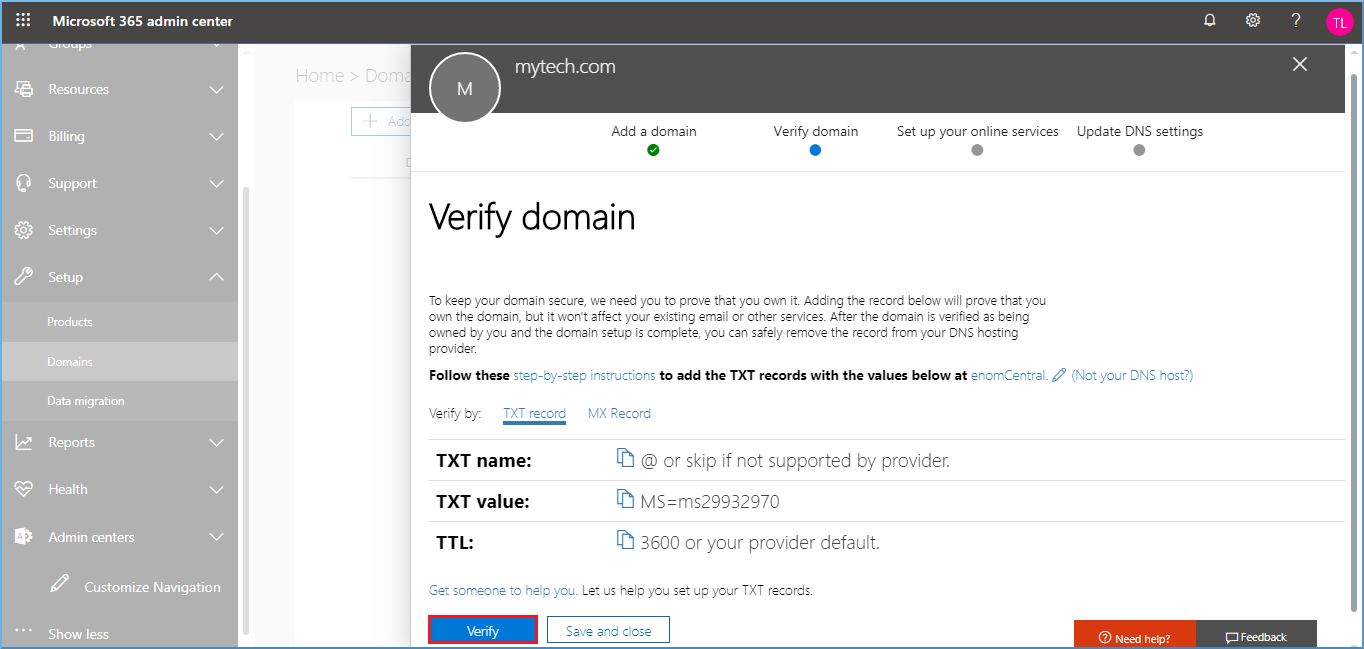 Choose the method to verify the domain