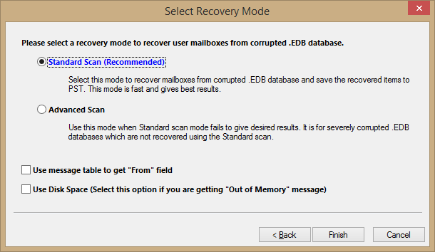 mode to scan and repair the EDB file