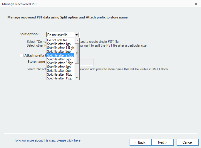 Provide PST file splitting option