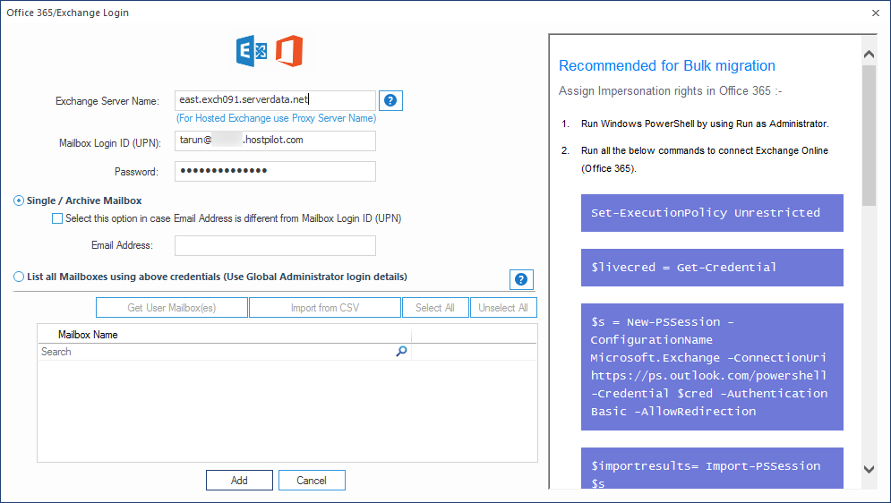 Input the server name of hosted Exchange