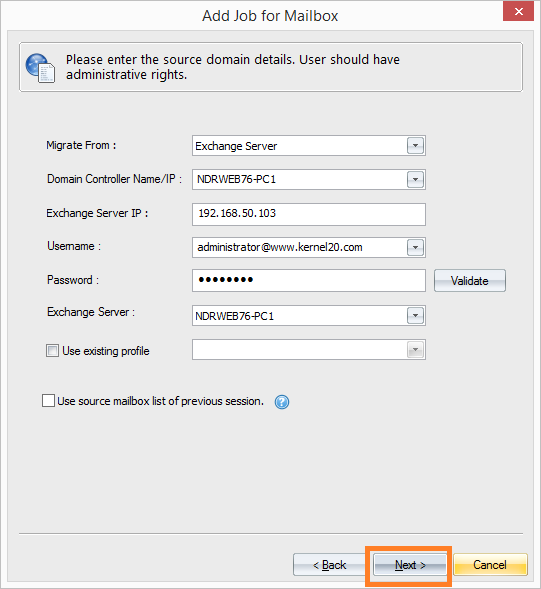 Input the Exchange Server details