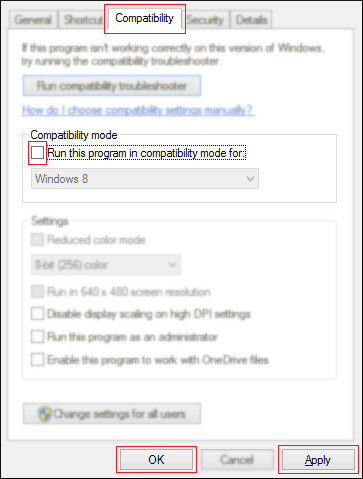 Uncheck Run this program in compatibility mode