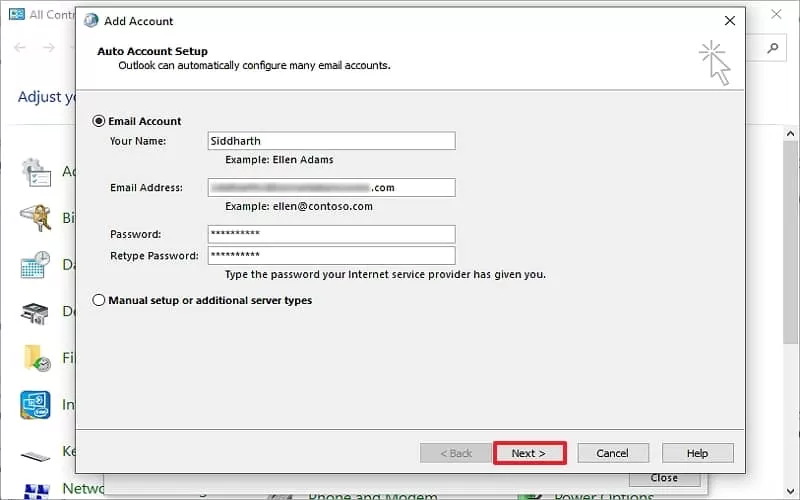 Input the details for the new account and click Next