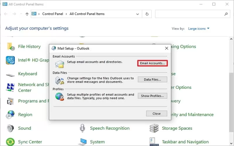 Start the Control Panel click the Mail option