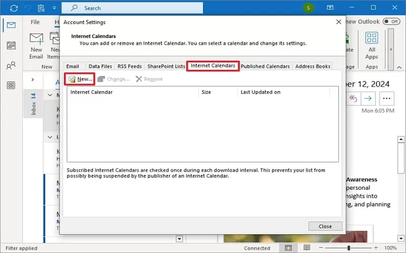 Switch to the Internet Calendars tab and click New