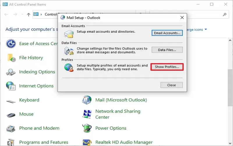 Go to Control Panel click the Mail option